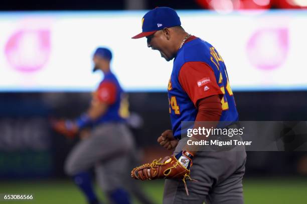 Francisco Rodriguez of Venezuela celebrates after defeating Italy during the World Baseball Classic Pool D Game 7 between Venezuela and Italy at...