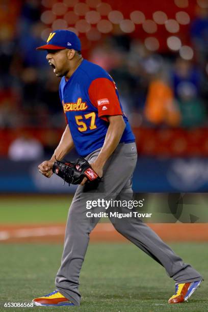 Francisco Rodriguez of Venezuela celebrates after defeating Italy during the World Baseball Classic Pool D Game 7 between Venezuela and Italy at...