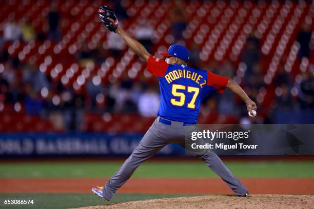 Francisco Rodriguez of Venezuela pitches in the bottom of the ninth inning during the World Baseball Classic Pool D Game 7 between Venezuela and...