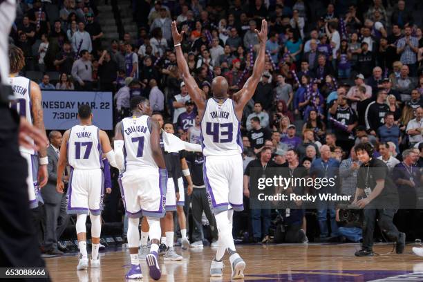 Anthony Tolliver of the Sacramento Kings celebrates after the game against the Orlando Magic on March 13, 2017 at Golden 1 Center in Sacramento,...