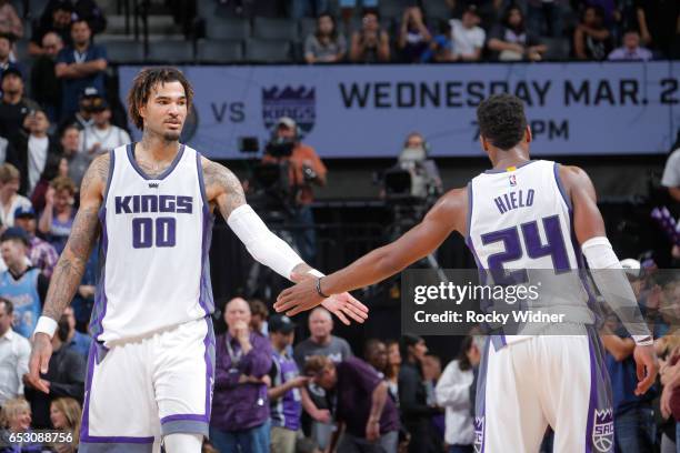 Willie Cauley-Stein and Buddy Hield of the Sacramento Kings are seen after the game against the Orlando Magic on March 13, 2017 at Golden 1 Center in...