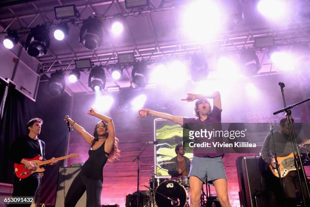 Meah Pace and Nic Offer of !!! perform onstage during Pandora at SXSW 2017 on March 13, 2017 in Austin, Texas.
