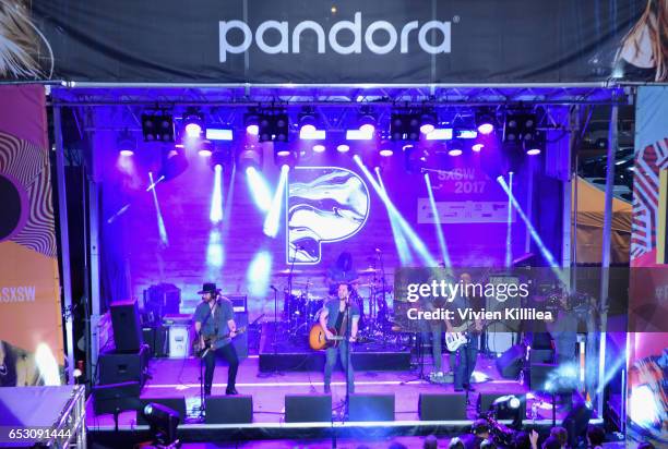 Musicians James Young, Jon Jones, Mike Eli and Chris Thompson of Eli Young Band perform onstage during Pandora at SXSW 2017 on March 13, 2017 in...