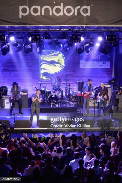 Musicians James Young, Jon Jones, Mike Eli and Chris Thompson of Eli Young Band perform onstage during Pandora at SXSW 2017 on March 13, 2017 in...
