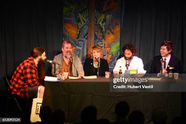 Spencer Crittenden, writer Dan Harmon, comedian Erin McGathy, actor/comedian Jason Mantzoukas, and actor/comedian Jeff B. Davis perform onstage at...