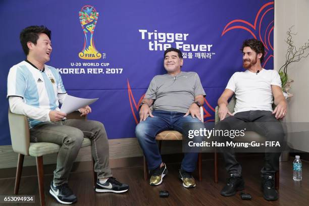 Diego Armando Maradona and Pablo Aimar attend an TV interview prior to Draw Of FIFA U-20 World Cup Korea Republic 2017 at Hotel Novotel Suwon on...