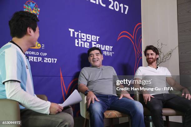 Diego Armando Maradona and Pablo Aimar attend an TV interview prior to Draw Of FIFA U-20 World Cup Korea Republic 2017 at Hotel Novotel Suwon on...