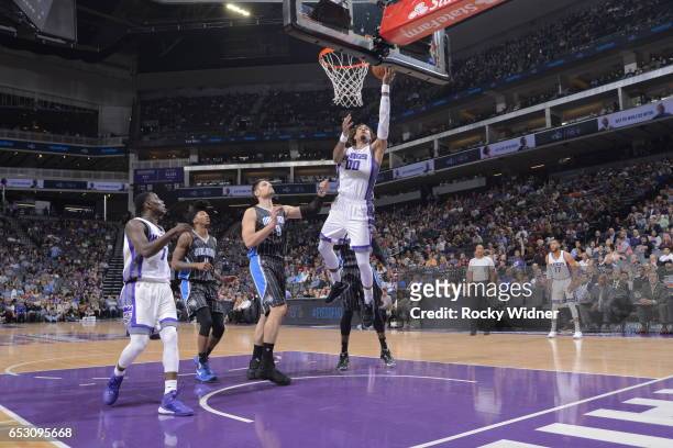 Willie Cauley-Stein of the Sacramento Kings shoots the ball against the Orlando Magic on March 13, 2017 at Golden 1 Center in Sacramento, California....