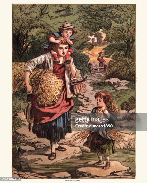 victorian farmers wife and her children - farmer wife stock illustrations