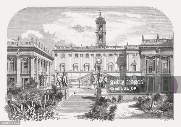 capitoline hill with palazzo senatorio, rome, italy, published in 1884 - capitol rome stock illustrations
