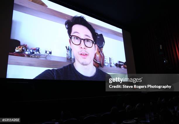 Actor Steven Yeun, via satellite attends the premiere of "Mayhem" during 2017 SXSW Conference and Festivals at Alamo Ritz on March 13, 2017 in...