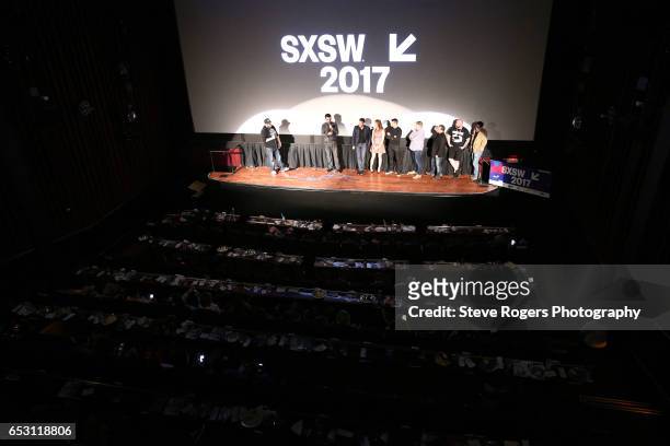 Cast and crew speak onstage at the premiere of "Mayhem" during 2017 SXSW Conference and Festivals at Alamo Ritz on March 13, 2017 in Austin, Texas.