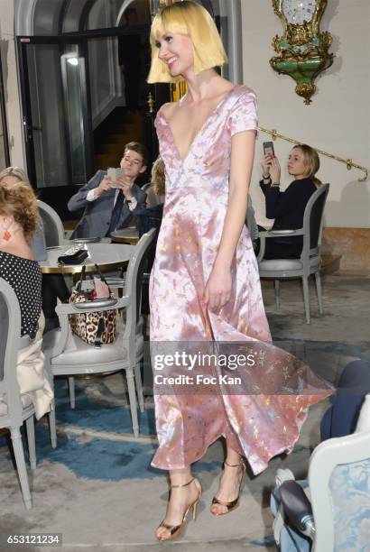 Model walks the runway during the William Arlotti Show at Hotel Lancaster Hosted by Domaine de La Croix wines on March 13, 2017 in Paris, France.