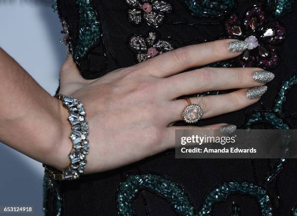 Actress Debbie Sherman, manicure and jewelry detail, arrives at the UCLA Institute of the Environment and Sustainability Innovators for a Healthy...
