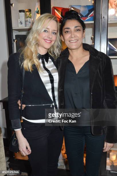 Actresses Julie Nicolet and Fatima Adoum attend William Arlotti Show at Hotel Lancaster Hosted by Domaine de La Croix wines on March 13, 2017 in...