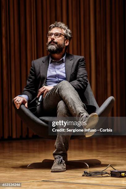 Italian singer-songwriter Brunori Sas, pseudonym of Dario Brunori, meets the students at Universita' Statale di Milano on March 13, 2017 in Milan,...