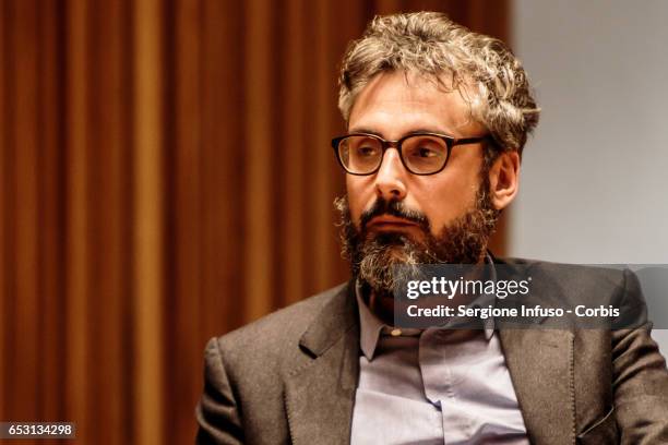 Italian singer-songwriter Brunori Sas, pseudonym of Dario Brunori, meets the students at Universita' Statale di Milano on March 13, 2017 in Milan,...