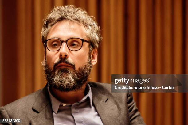 Italian singer-songwriter Brunori Sas, pseudonym of Dario Brunori, meets the students at Universita' Statale di Milano on March 13, 2017 in Milan,...