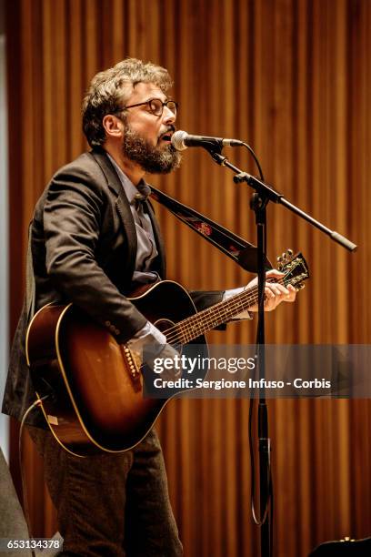 Italian singer-songwriter Brunori Sas, pseudonym of Dario Brunori, meets the students at Universita' Statale di Milano on March 13, 2017 in Milan,...