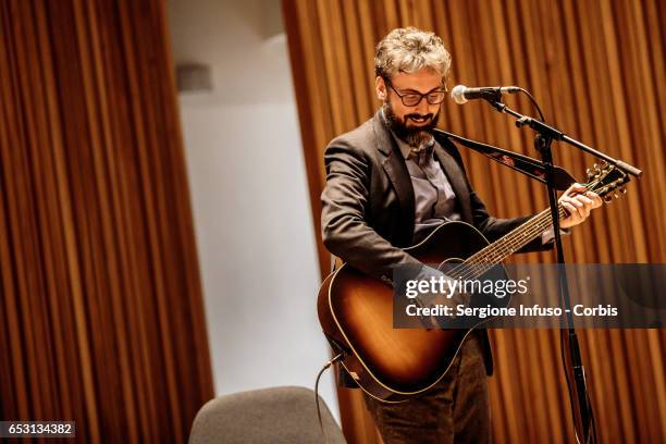 Italian singer-songwriter Brunori Sas, pseudonym of Dario Brunori, meets the students at Universita' Statale di Milano on March 13, 2017 in Milan,...