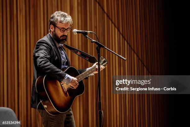 Italian singer-songwriter Brunori Sas, pseudonym of Dario Brunori, meets the students at Universita' Statale di Milano on March 13, 2017 in Milan,...