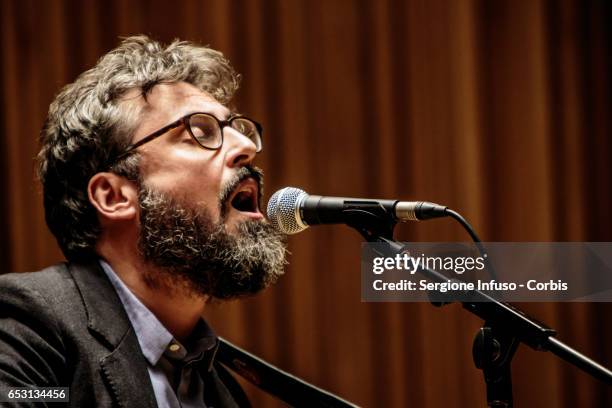 Italian singer-songwriter Brunori Sas, pseudonym of Dario Brunori, meets the students at Universita' Statale di Milano on March 13, 2017 in Milan,...