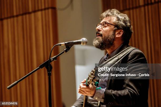 Italian singer-songwriter Brunori Sas, pseudonym of Dario Brunori, meets the students at Universita' Statale di Milano on March 13, 2017 in Milan,...