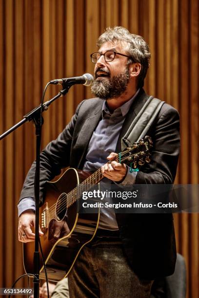 Italian singer-songwriter Brunori Sas, pseudonym of Dario Brunori, meets the students at Universita' Statale di Milano on March 13, 2017 in Milan,...