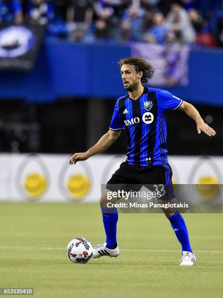 March 11: Marco Donadel of the Montreal Impact looks to play the ball during the MLS game against the Seattle Sounders FC at Olympic Stadium on March...