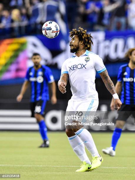March 11: Roman Torres of the Seattle Sounders looks to play the ball during the MLS game against the Seattle Sounders FC at Olympic Stadium on March...