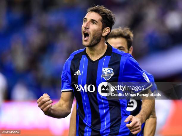 March 11: Ignacio Piatti of the Montreal Impact reacts after scoring a goal in the second half during the MLS game against the Seattle Sounders FC at...