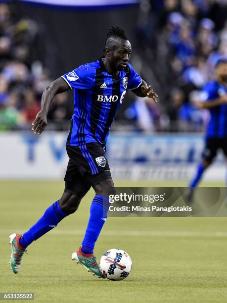 March 11: Dominic Oduro of the Montreal Impact controls the ball during the MLS game against the Seattle Sounders FC at Olympic Stadium on March 11,...