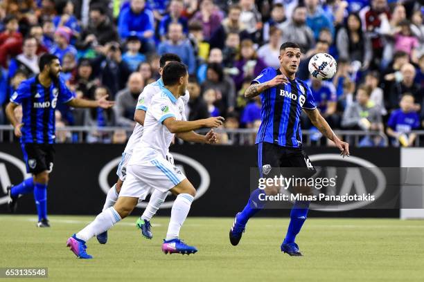 March 11: Adrian Arregui of the Montreal Impact tries to control the ball during the MLS game against the Seattle Sounders FC at Olympic Stadium on...