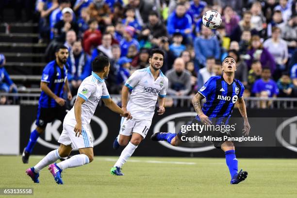 March 11: Adrian Arregui of the Montreal Impact runs after the ball during the MLS game against the Seattle Sounders FC at Olympic Stadium on March...