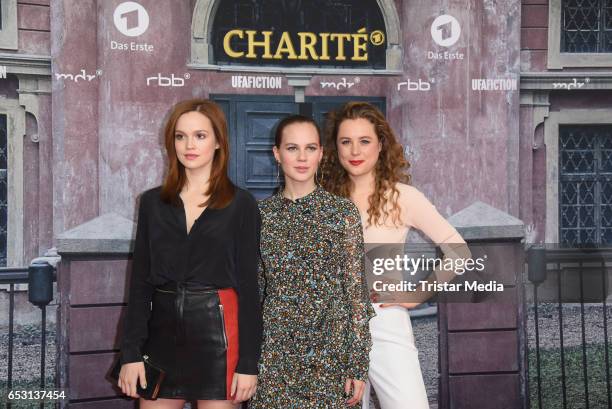 Emilia Schuele, Alicia von Rittberg and Klara Deutschmann attend the 'Charite' Berlin Premiere on March 13, 2017 in Berlin, Germany.