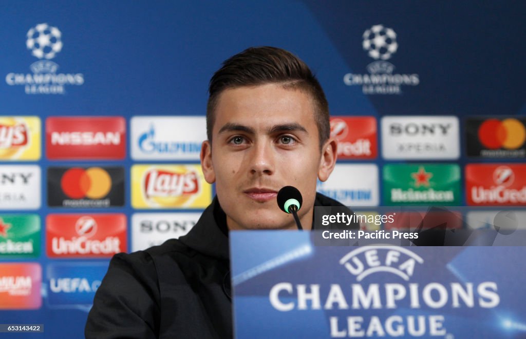 Juventus player Paulo Dybala attends a press conference...