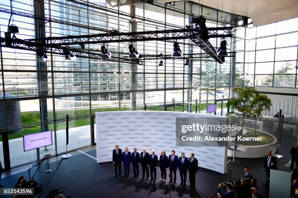 Matthias Mueller, Chairman of German automaker Volkswagen AG , arrives with the executive board for the company's annual press conference to present...