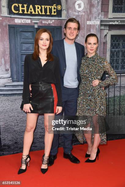 Emilia Schuele, Maximilian Meyer-Breitschneider and Alicia von Rittberg attend the 'Charite' Berlin Premiere on March 13, 2017 in Berlin, Germany.