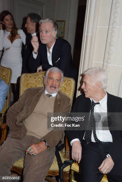 Franck Dubosc, Jean Paul Belmondo and Guy Bedos attend 'La Recherche en Physiologie' Charity Gala at Four Seasons Hotel George V on March 13, 2017 in...