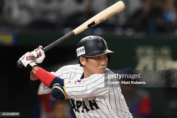 Infielder Hayato Sakamoto of Japan at bat in the bottom of the first inning during the World Baseball Classic Pool E Game Four between Cuba and Japan...