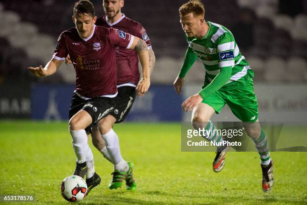 Lee Grace of Galway and Gary Shaw of Shamrock run to the ball during the SSE Airtricity League Premier Division match between Galway United and...