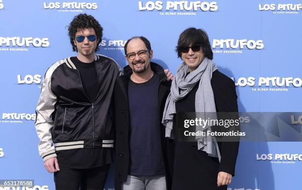 Pablo Ibanez, Jordi Sanchez, and Luis Piedrahita attend a photocall for 'Smurfs: The Lost Village' at Casa Club on March 14, 2017 in Madrid, Spain.