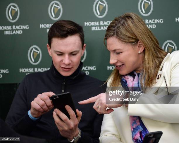 Cheltenham , United Kingdom - 14 March 2017; Trainer Joseph O'Brien, left, and jockey NIna Carberry during a press conference prior to the Cheltenham...