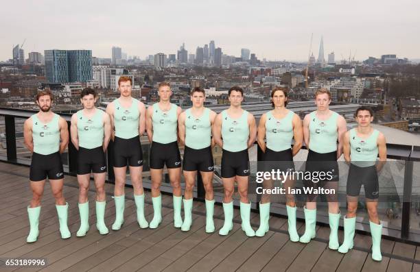 The Cambridge Men's crew pose prior to the Men's crew announcement for the 2017 Cancer Research UK University Boat Races at Google's London...