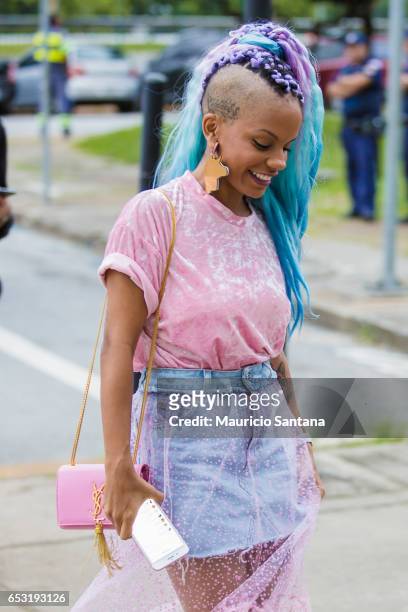 Visitor with colored hair poses during Sao Paulo Fashion Week N43 SPFW Summer 2017 on March 13, 2017 in Sao Paulo, Brazil.