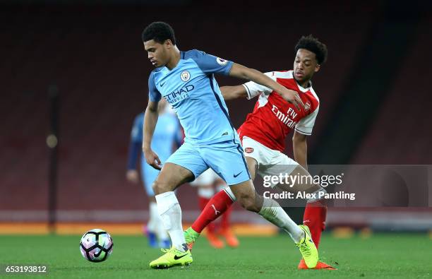 Cameron Humphreys of Manchester City and Denzeil Boadu of Manchester City in action during the Premier League 2 match between Arsenal and Manchester...