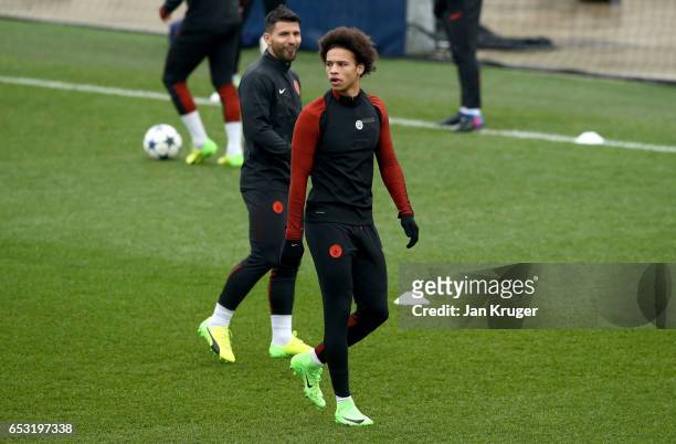 Leroy Sane of Manchester City looks on during a Manchester City training session prior to the UEFA Champions League Round of 16, Second Leg match...