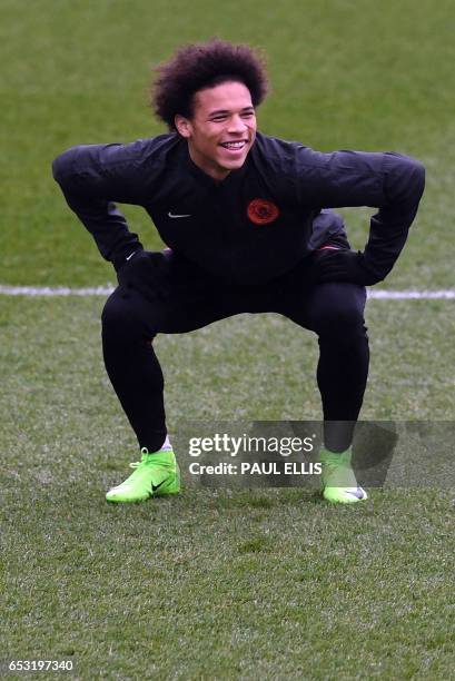 Manchester City's German midfielder Leroy Sane takes part in a training session at the City Football Academy in Manchester, north west England, on...