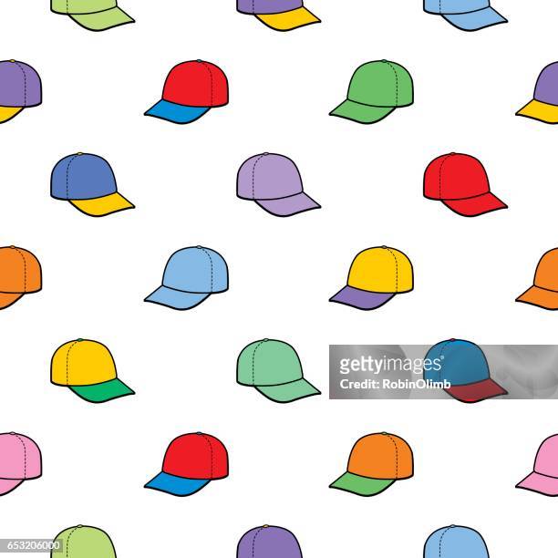 stockillustraties, clipart, cartoons en iconen met kleurrijke baseball caps patroon - hoed met rand