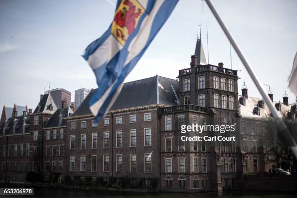 Flag from Zeeland province flies near the Dutch parliament building on March 14, 2017 in The Hague, Netherlands. Campaigning is continuing by all...